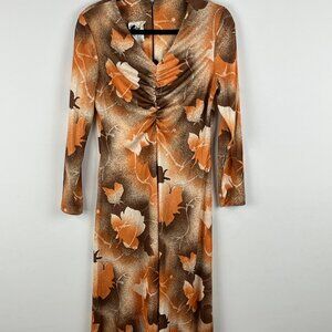 Mr Edward Maxi Fit Flare Dress Size 13/14 Brown Long Sleeve V Neck Stretch